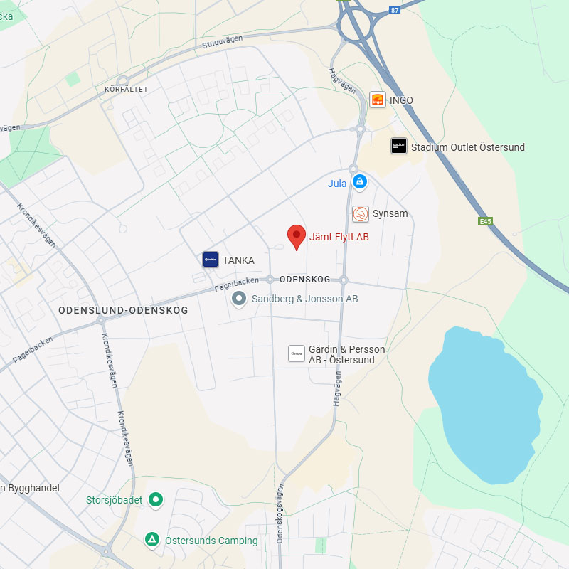 Karta över Östersund med Jämt Flytt AB markerad, vägar, företag och sjö i närheten.